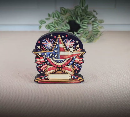 Personalized Patriotic Star Shelf Sitter, Americana Table Decor, 4th of July Decoration, Firework Shelf Sign, Independence Day Decoration