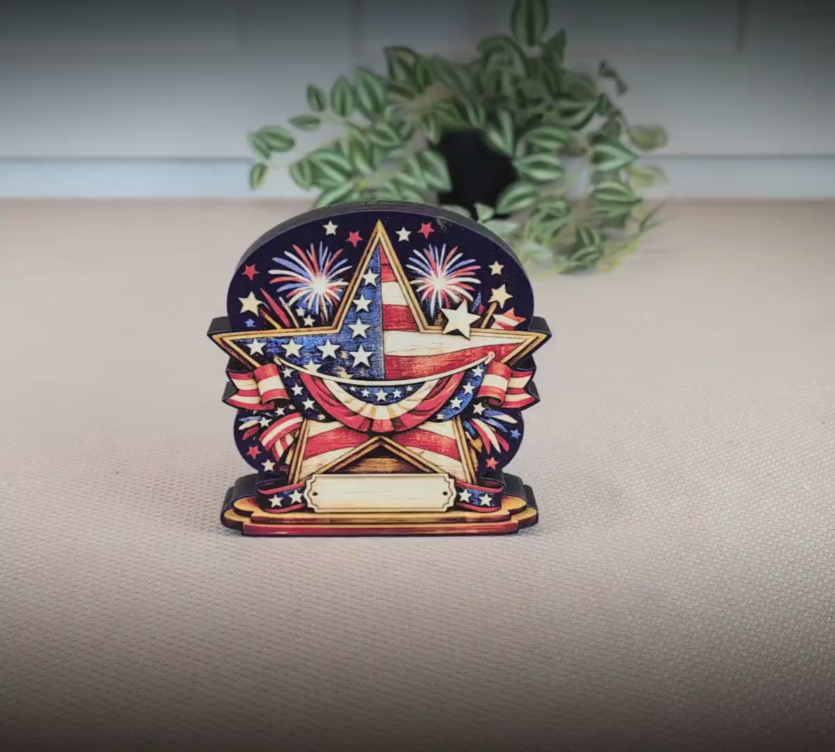 Personalized Patriotic Star Shelf Sitter, Americana Table Decor, 4th of July Decoration, Firework Shelf Sign, Independence Day Decoration