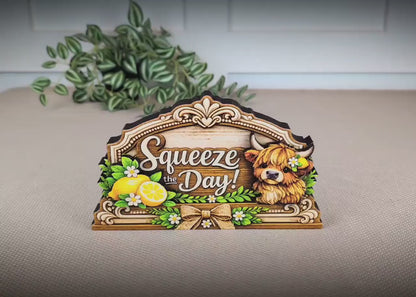 Highland Cow Squeeze the Day Shelf Sitter Keepsake, Wooden Lemon Decor, Summer Kitchen Sign, Farmhouse Cow Decor, Gift for Cow Lover