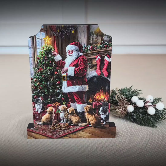 Dog-Loving Santa Shelf Sitter – Personalized Wooden Christmas Mantel Decor, 3 Design Options