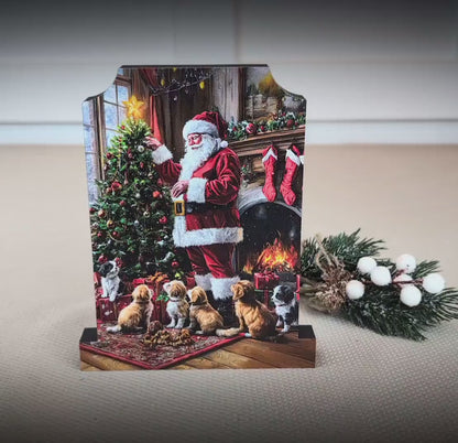 Dog-Loving Santa Shelf Sitter – Personalized Wooden Christmas Mantel Decor, 3 Design Options
