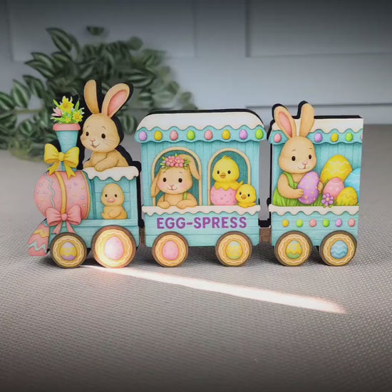 Easter Train Shelf Sitter – Bunnies, Chicks & Eggs, Personalized Wooden Spring Mantel Decor