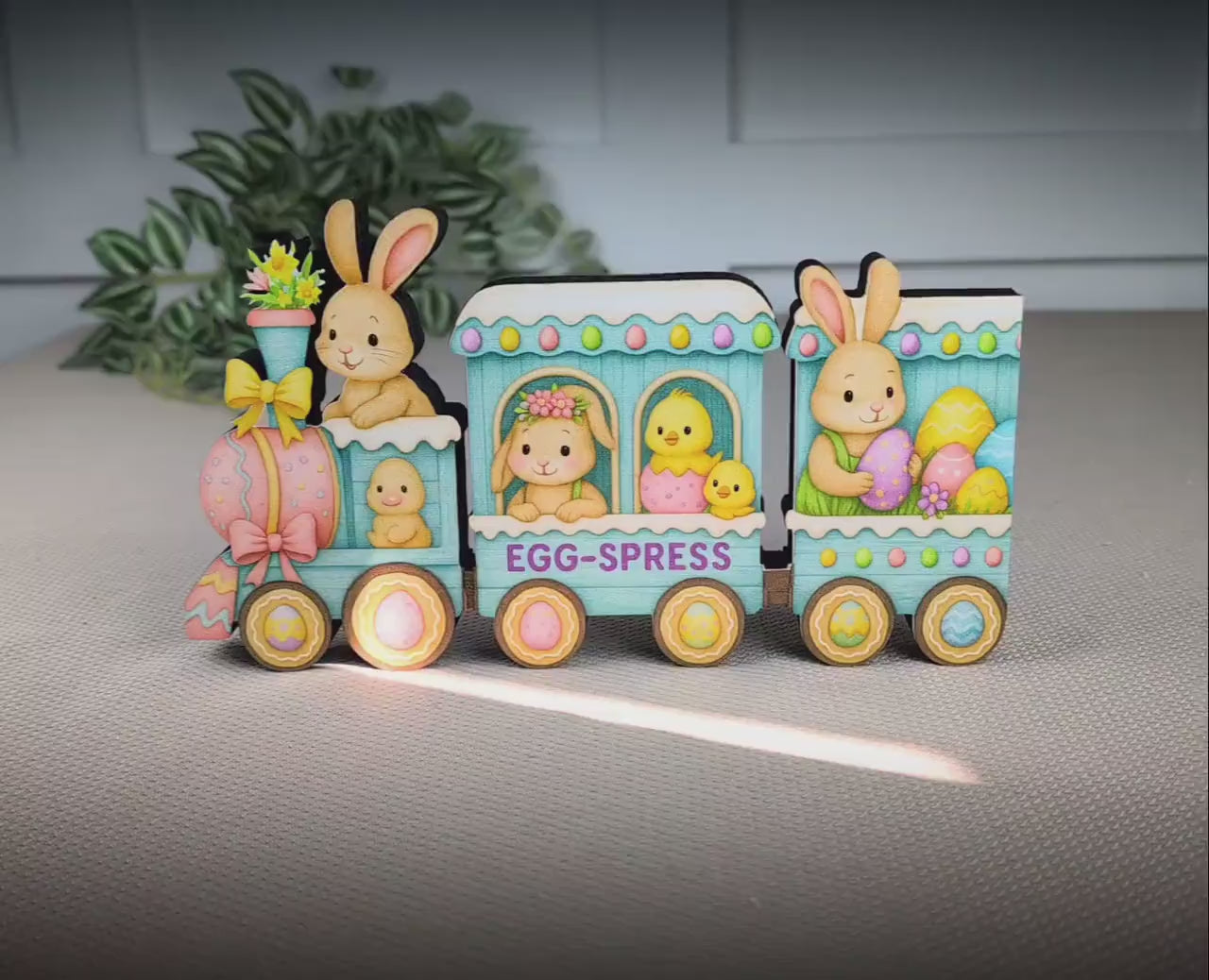 Easter Train Shelf Sitter – Bunnies, Chicks & Eggs, Personalized Wooden Spring Mantel Decor