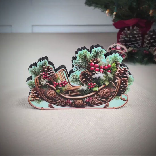 Christmas Sleigh Shelf Sitter – Personalized Wooden Mantel Decor with Pinecones & Berries
