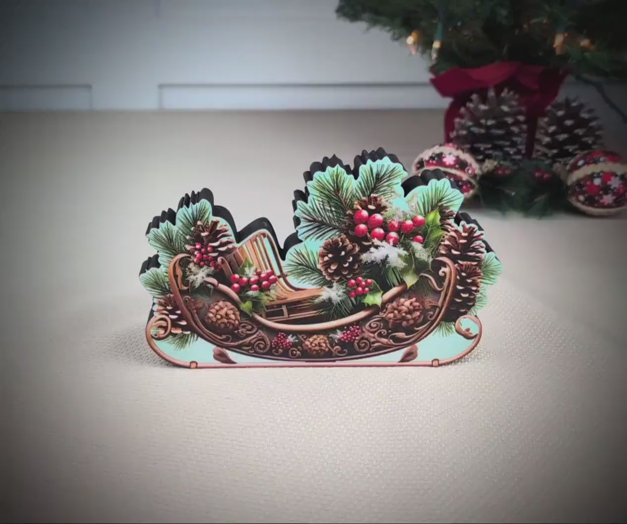 Christmas Sleigh Shelf Sitter – Personalized Wooden Mantel Decor with Pinecones & Berries