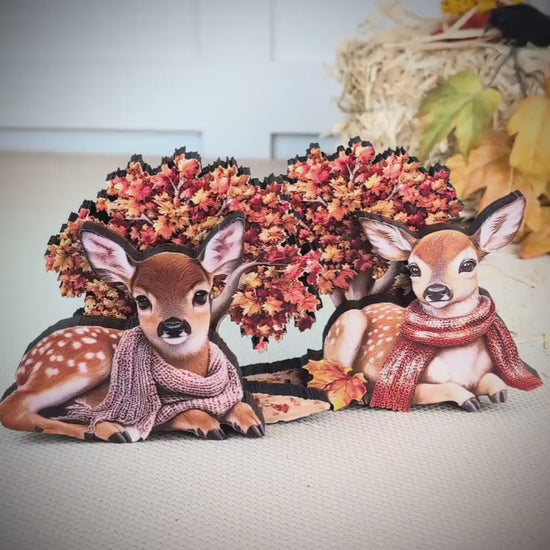 Autumn Deer Shelf Sitters, Set of 2, Can be Personalized, Two Styles, Soft Woodland Charm For Cozy Fall Days, Sweet Fawns In Scarves
