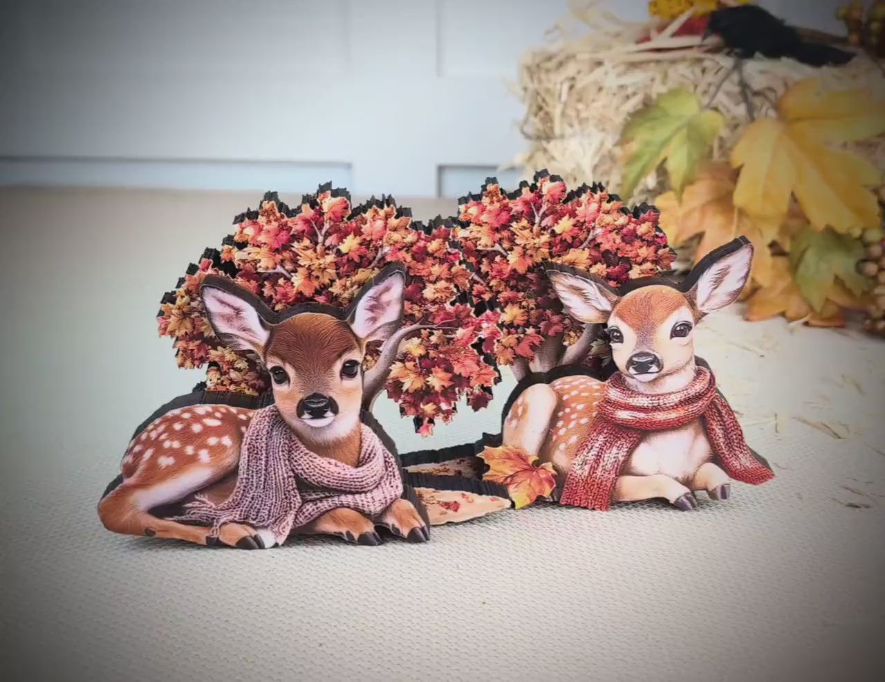 Autumn Deer Shelf Sitters, Set of 2, Can be Personalized, Two Styles, Soft Woodland Charm For Cozy Fall Days, Sweet Fawns In Scarves