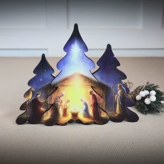 Nativity Scene Shelf Sitter – Personalized Wooden Manger Display, Christmas Mantel Decor