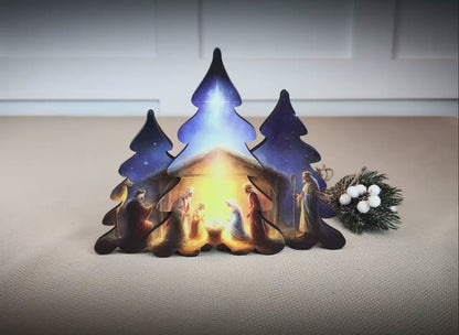 Nativity Scene Shelf Sitter – Personalized Wooden Manger Display, Christmas Mantel Decor