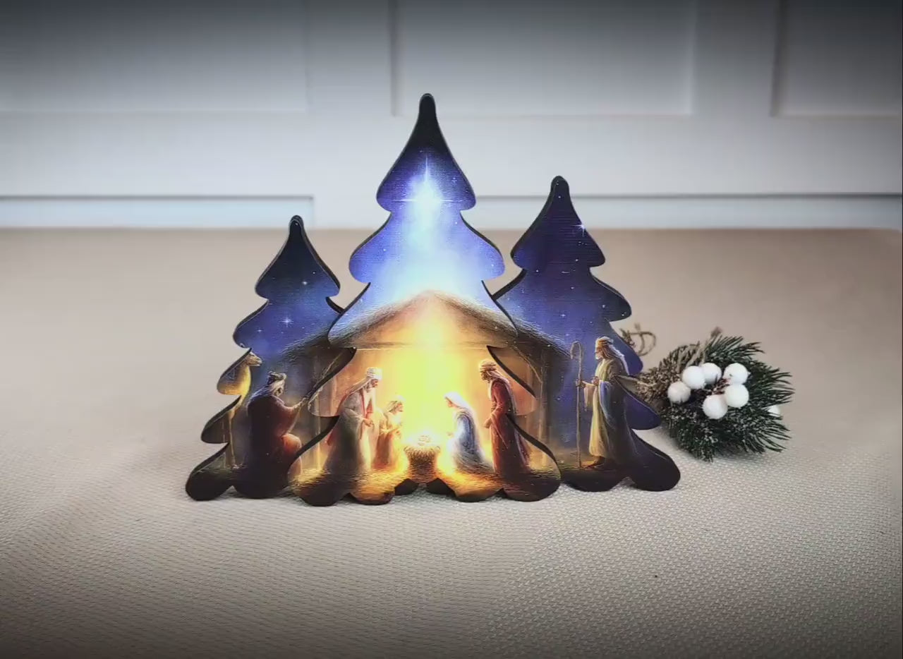Nativity Scene Shelf Sitter – Personalized Wooden Manger Display, Christmas Mantel Decor