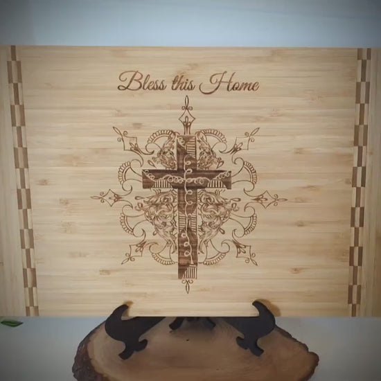 Christian Gifts of a Detailed Cross Engraved on Bamboo Wood Cutting Board, makes great Environmentally Friendly Gift, Wooden Easel Included