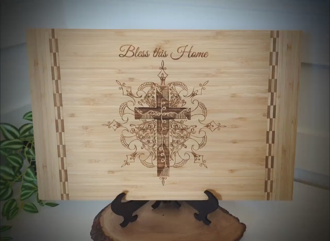 Christian Gifts of a Detailed Cross Engraved on Bamboo Wood Cutting Board, makes great Environmentally Friendly Gift, Wooden Easel Included