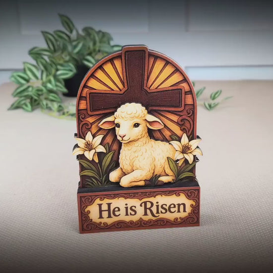 He Is Risen Lamb & Cross Easter Shelf Sitter – Personalized Wooden Christian Mantel Decor