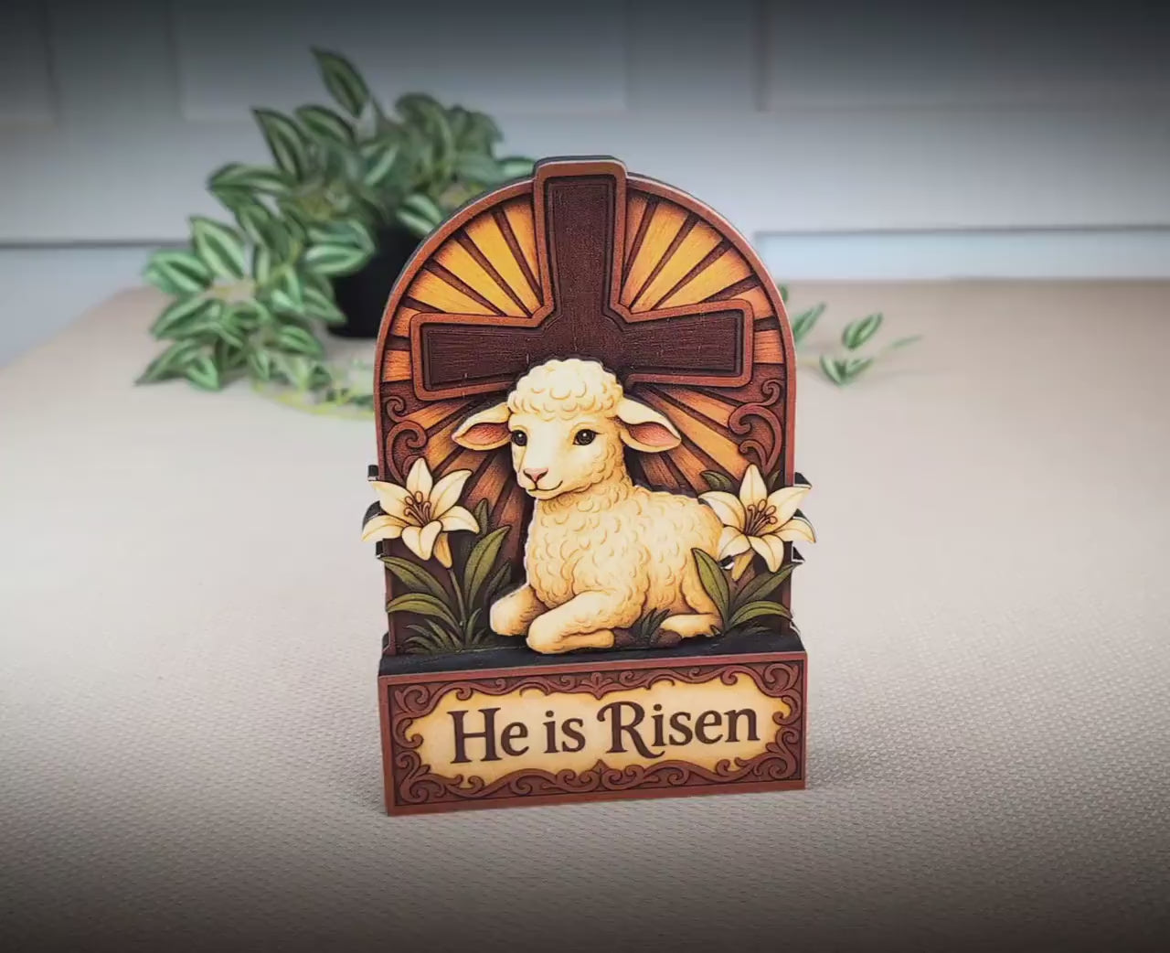 He Is Risen Lamb & Cross Easter Shelf Sitter – Personalized Wooden Christian Mantel Decor