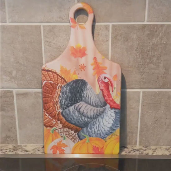 Fall Turkey on a Paddle Cutting Board Brighten up your Kitchen Decor with this Environmentally Friendly Bamboo Board Printed with UV Ink