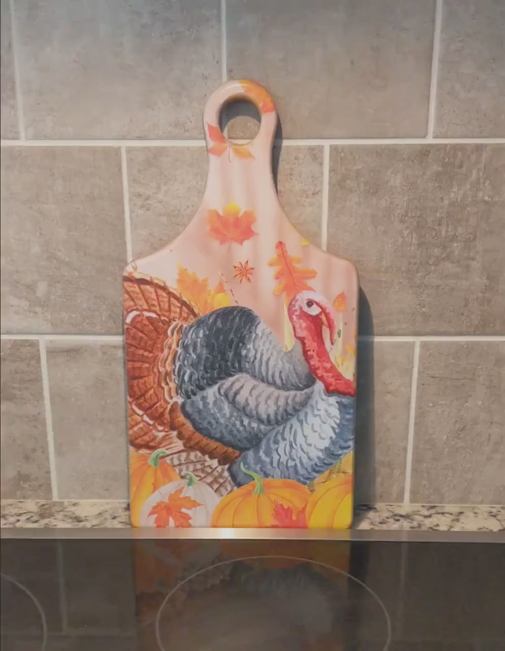 Fall Turkey on a Paddle Cutting Board Brighten up your Kitchen Decor with this Environmentally Friendly Bamboo Board Printed with UV Ink
