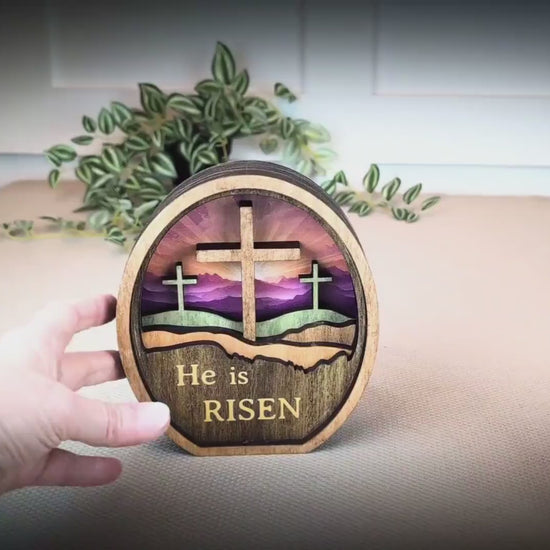 Personalized He Is Risen Easter Shelf Sitter, Christian Decor, Layered Wood Resurrection Sign, Religious Spring Tabletop Decor