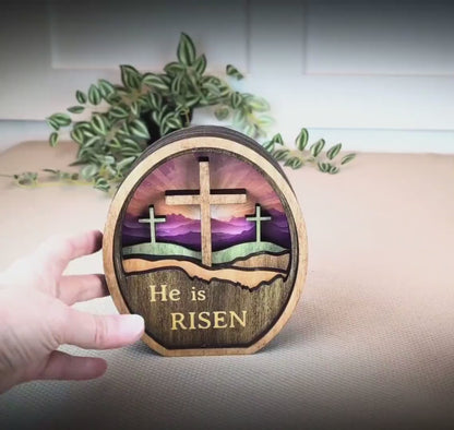 Personalized He Is Risen Easter Shelf Sitter, Christian Decor, Layered Wood Resurrection Sign, Religious Spring Tabletop Decor