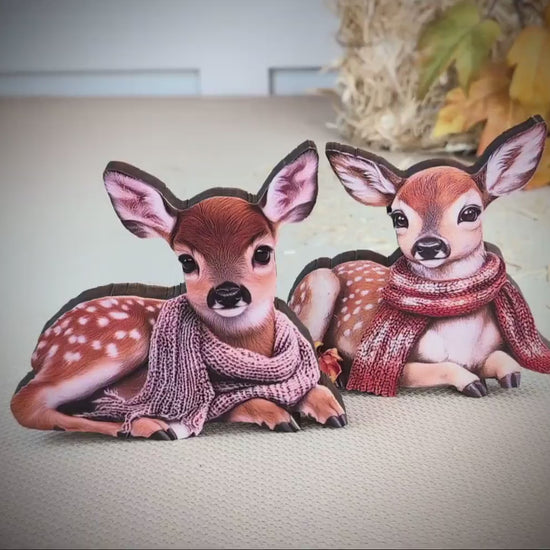 Personalized Baby Deer Shelf Sitters – Custom Unique Pastel Deer with Scarves with Fall Leaves, Whimsy, Warmth, and Charming and Elegant