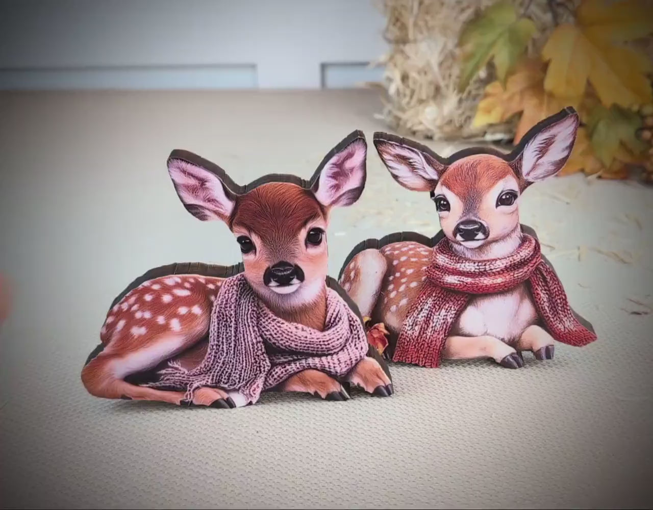 Personalized Baby Deer Shelf Sitters – Custom Unique Pastel Deer with Scarves with Fall Leaves, Whimsy, Warmth, and Charming and Elegant