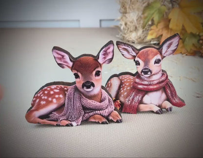 Personalized Baby Deer Shelf Sitters – Custom Unique Pastel Deer with Scarves with Fall Leaves, Whimsy, Warmth, and Charming and Elegant