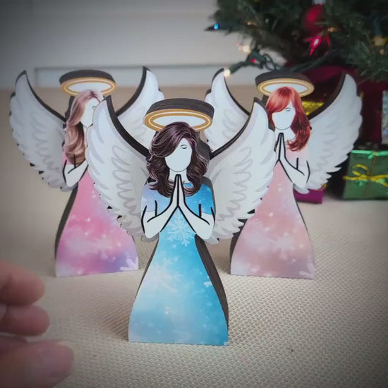Angel Shelf Sitter Set, 3-Piece Pine Wood Christmas Angels, UV Printed Double-Layer Blonde, Brunette and   Redhead Symbolizing Love & Light