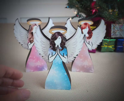 Angel Shelf Sitter Set, 3-Piece Pine Wood Christmas Angels, UV Printed Double-Layer Blonde, Brunette and   Redhead Symbolizing Love & Light