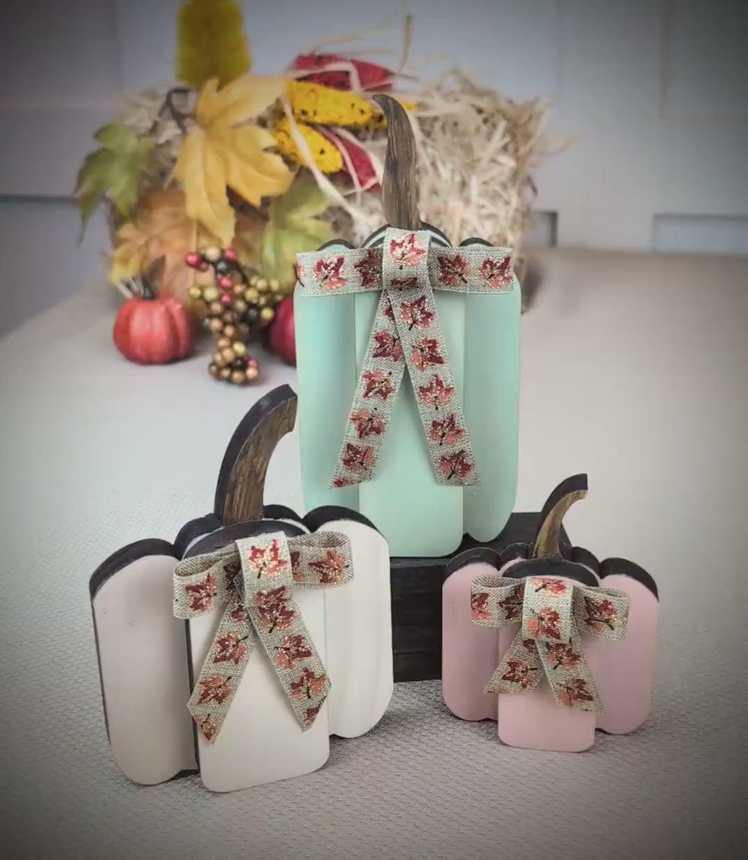 Set of 3 Pumpkin Shelf Sitters – Round or Straight Style, Personalized Fall Pumpkins, 1" Thick Wooden Mantel Decor, Soft, Cozy Autumn Charm