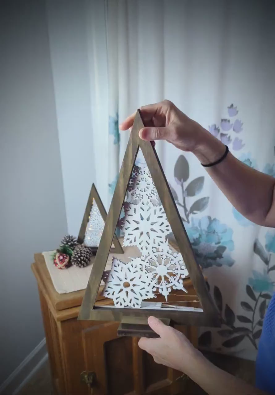 Modern Wooden Farmhouse Lighted Christmas Tree, Rustic Holiday Fireplace Mantel Decoration, Minimal Table top Centerpiece Decor, Shelf Decor