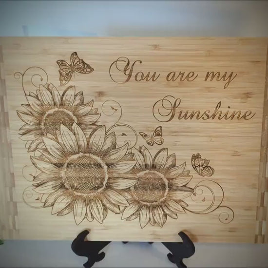 Sunflowers and Butterflies Kitchen Decor - Personalized Bamboo Cutting Board, great Environmentally Friendly Gifts, Wooden Easel Included