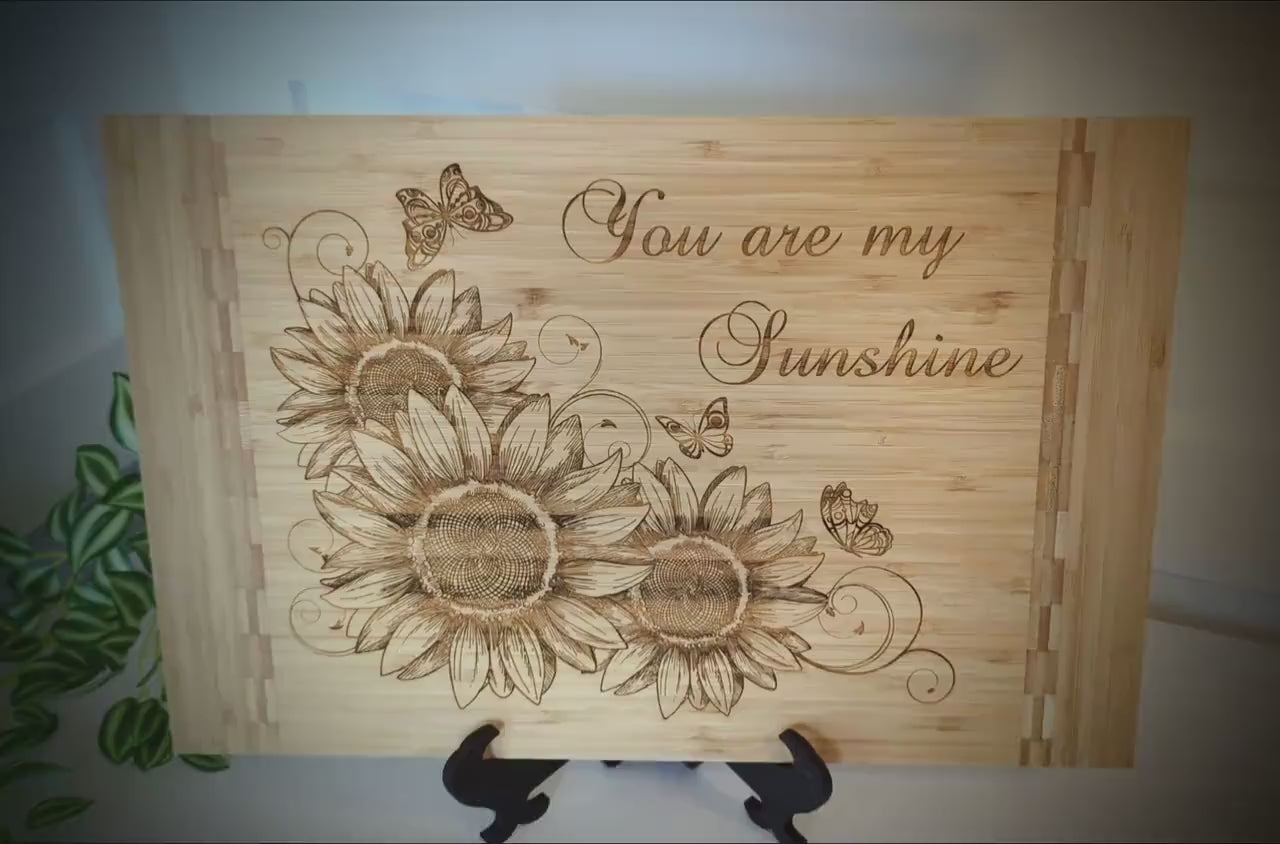 Sunflowers and Butterflies Kitchen Decor - Personalized Bamboo Cutting Board, great Environmentally Friendly Gifts, Wooden Easel Included