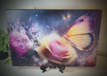 Large Colorful Butterfly with Pink Roses Brighten up your Kitchen Decor, Environmentally Friendly Bamboo Cutting Board Decorated with UV Ink