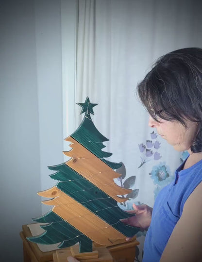 Rustic Green And Brown Wood Christmas Tree With Fairy Lights, Farmhouse Personalized Tabletop Decor, Fireplace Mantel Decoration