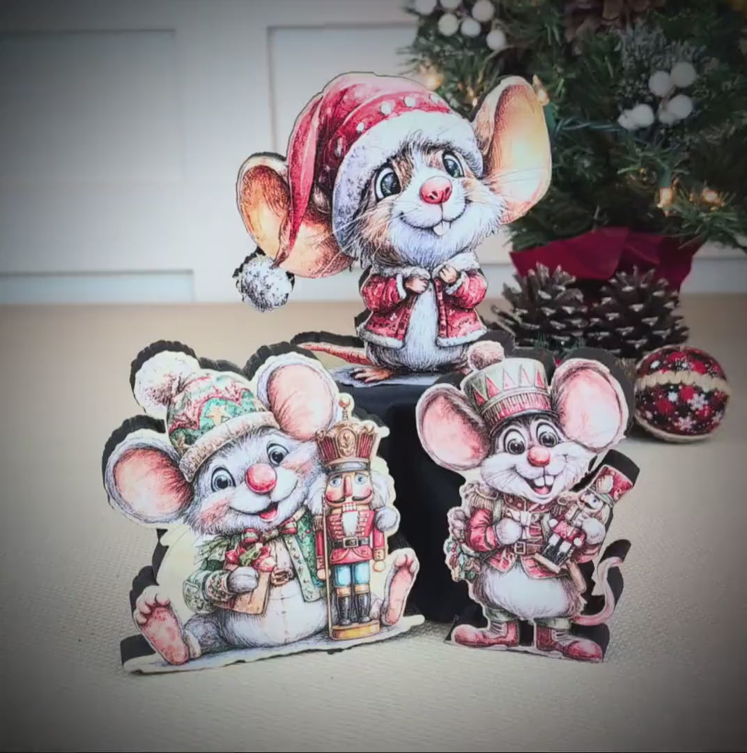 Christmas Mouse Shelf Sitters, Wooden Trio or Singles, Personalized Name, Nutcracker Holiday Mantel Decor. Tiny heroes - big personalities