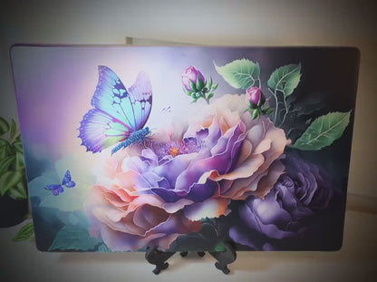 Large Blue Butterfly with Purple Roses Brighten up your Kitchen Decor, Environmentally Friendly Bamboo Cutting Board Decorated with UV Ink
