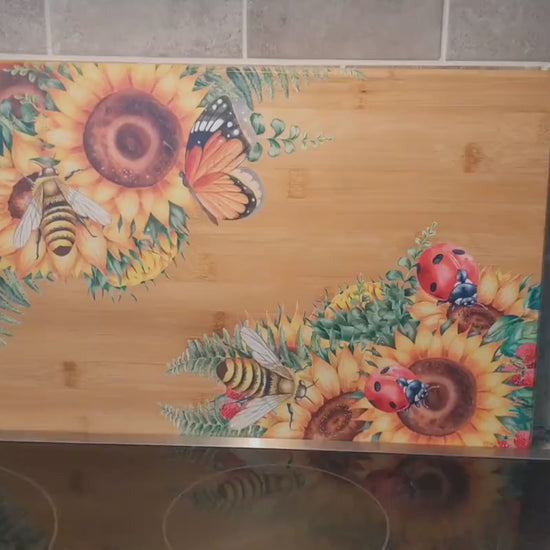 Sunflowers, Butterflies, Bees & Lady Bugs Brighten up your Kitchen Decor with this Environmentally Friendly Bamboo Board Printed with UV Ink
