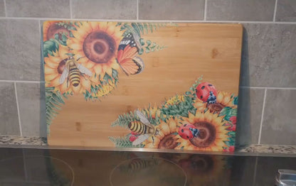 Sunflowers, Butterflies, Bees & Lady Bugs Brighten up your Kitchen Decor with this Environmentally Friendly Bamboo Board Printed with UV Ink