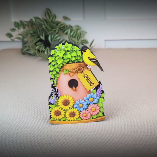 Personalized Spring Mason Jar Shelf Sitter – Chickadee and Sunflowers – Custom Name Kids Room Decor, Wooden Bird House Mantel & Tiered Tray