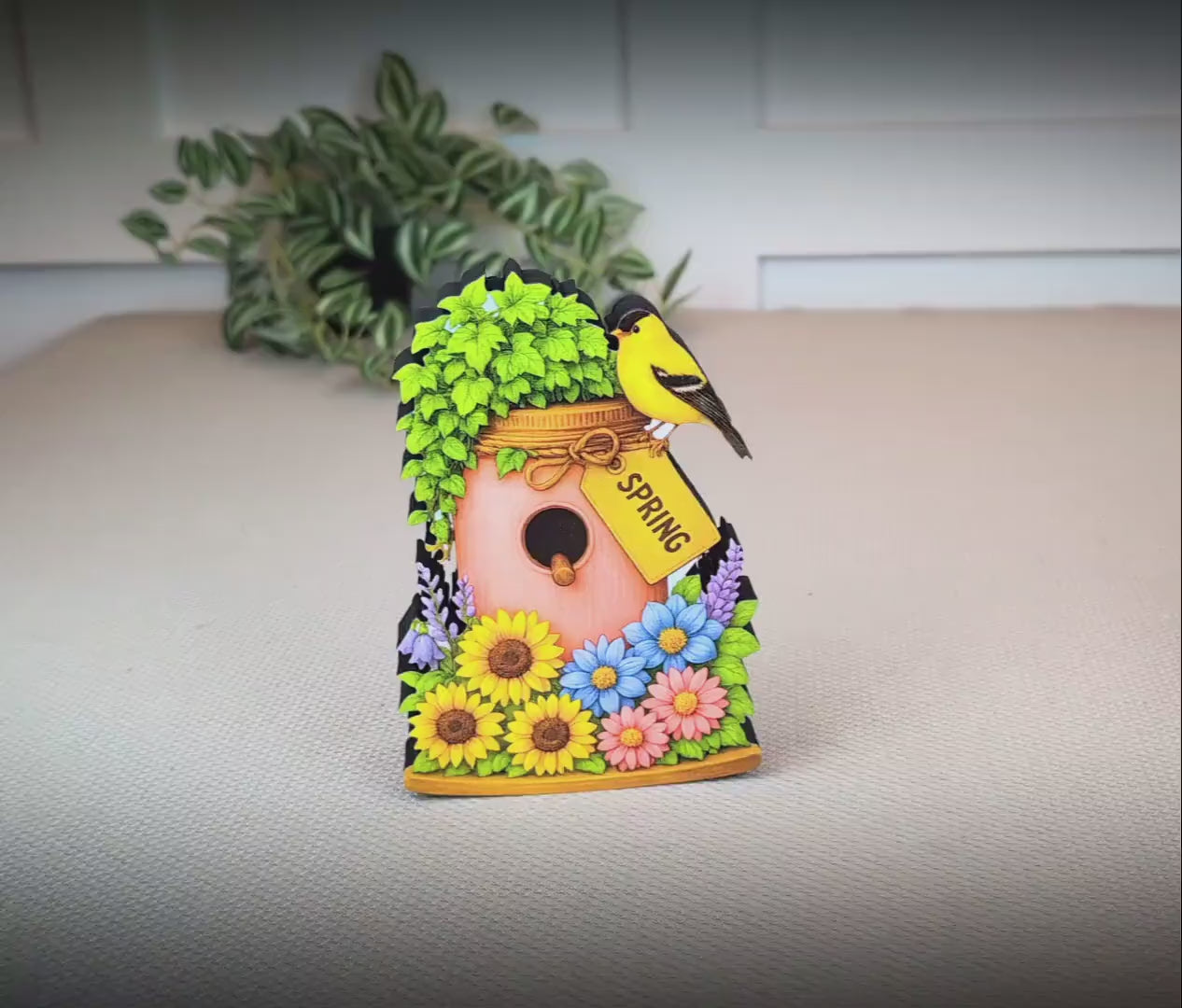 Personalized Spring Mason Jar Shelf Sitter – Chickadee and Sunflowers – Custom Name Kids Room Decor, Wooden Bird House Mantel & Tiered Tray