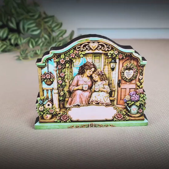 Personalized Mother Daughter Porch Shelf Sitter, Cozy Cottage Garden Scene, Mantle or Tabletop Keepsake Gift for Mom or Daughter