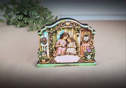 Personalized Mother Daughter Porch Shelf Sitter, Cozy Cottage Garden Scene, Mantle or Tabletop Keepsake Gift for Mom or Daughter