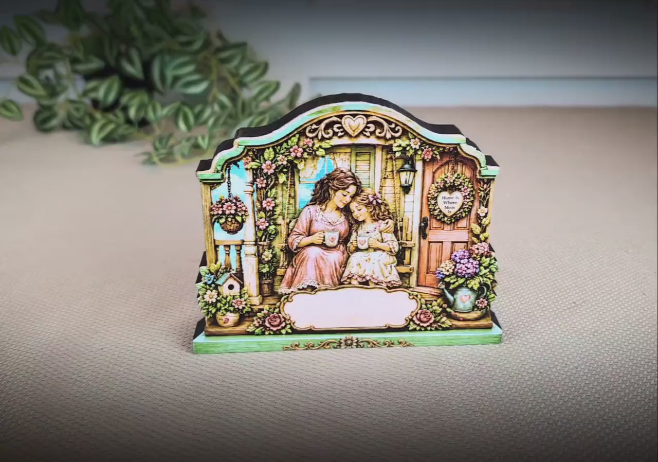 Personalized Mother Daughter Porch Shelf Sitter, Cozy Cottage Garden Scene, Mantle or Tabletop Keepsake Gift for Mom or Daughter