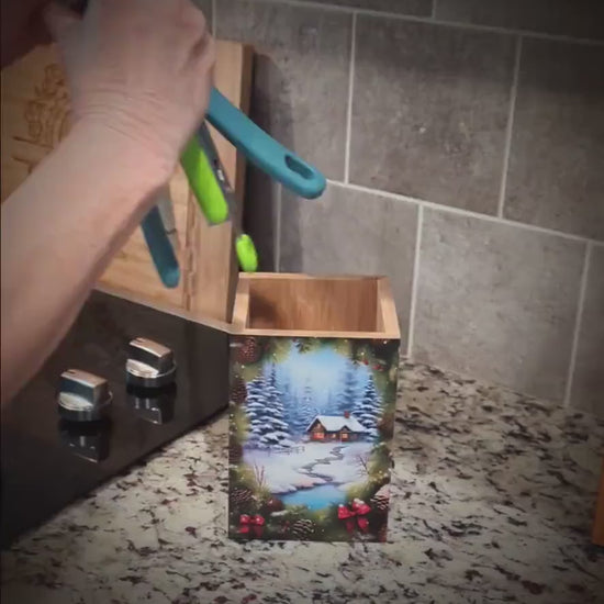 Hummingbirds Utensil Holder, Eco-Friendly Bamboo Wood, Beautiful Hummingbird Art Decorating 4 Sides in UV Ink & Protected with Polycrylic
