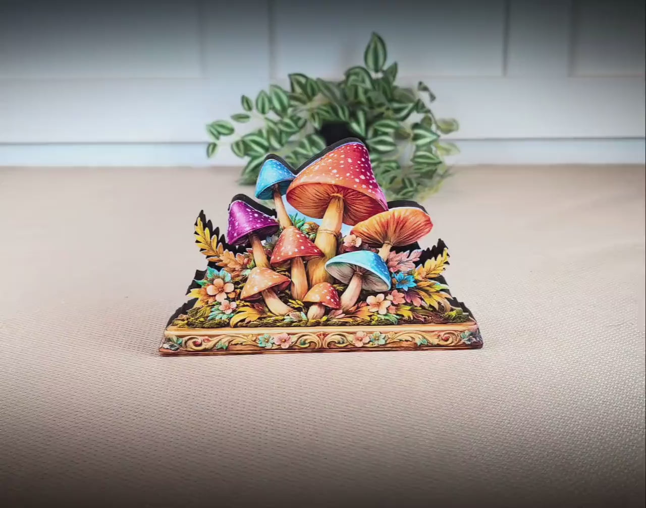 Personalized Colorful Mushroom Shelf Sitter, Nursery Table Decor, Whimsical Floral Woodland Decor, Baby Room Keepsake. Mantel & Tiered Tray