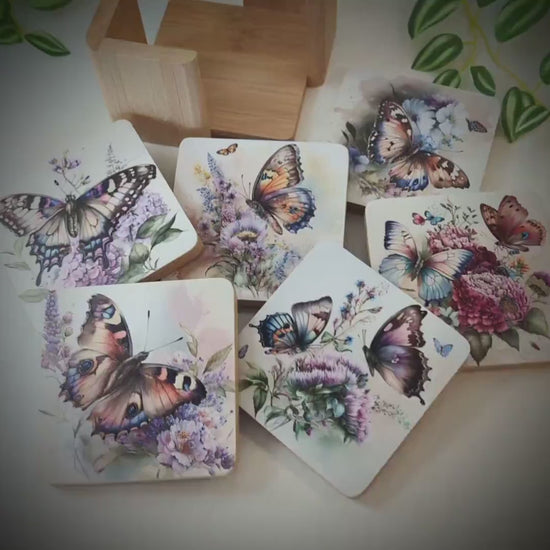 Butterfly Bamboo Coaster Set, Set of 6 includes Bamboo Coaster Caddy & Cork Backing, Beautiful Summer Butterflies UV Ink Decorated Set