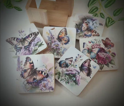 Butterfly Bamboo Coaster Set, Set of 6 includes Bamboo Coaster Caddy & Cork Backing, Beautiful Summer Butterflies UV Ink Decorated Set