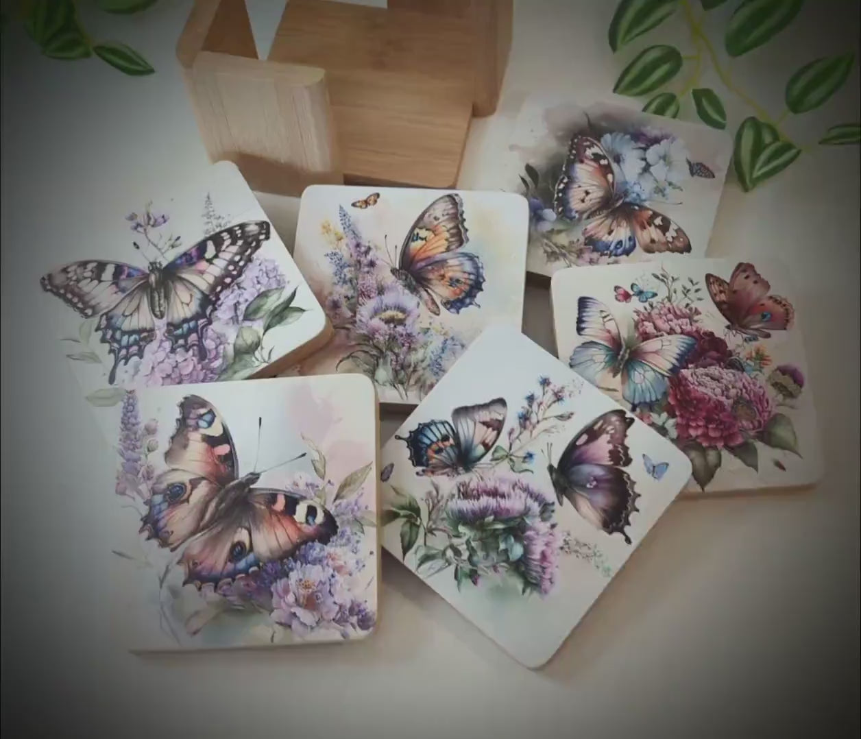 Butterfly Bamboo Coaster Set, Set of 6 includes Bamboo Coaster Caddy & Cork Backing, Beautiful Summer Butterflies UV Ink Decorated Set