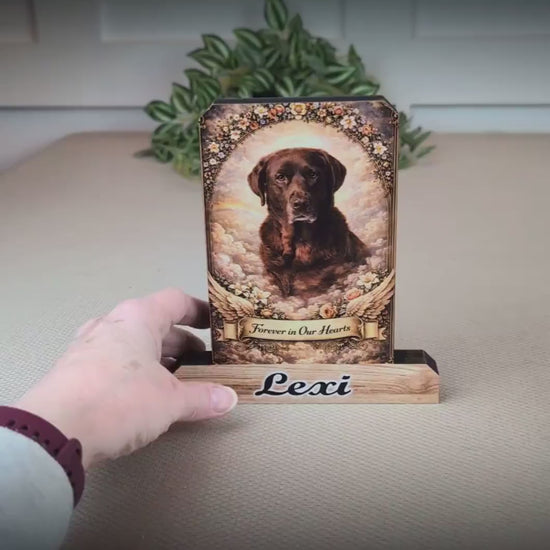 Custom Pet Memorial Photo Shelf Sitter – Personalized Name Base, Dog/Cat Mantel Decor Using Your Favorite Photo