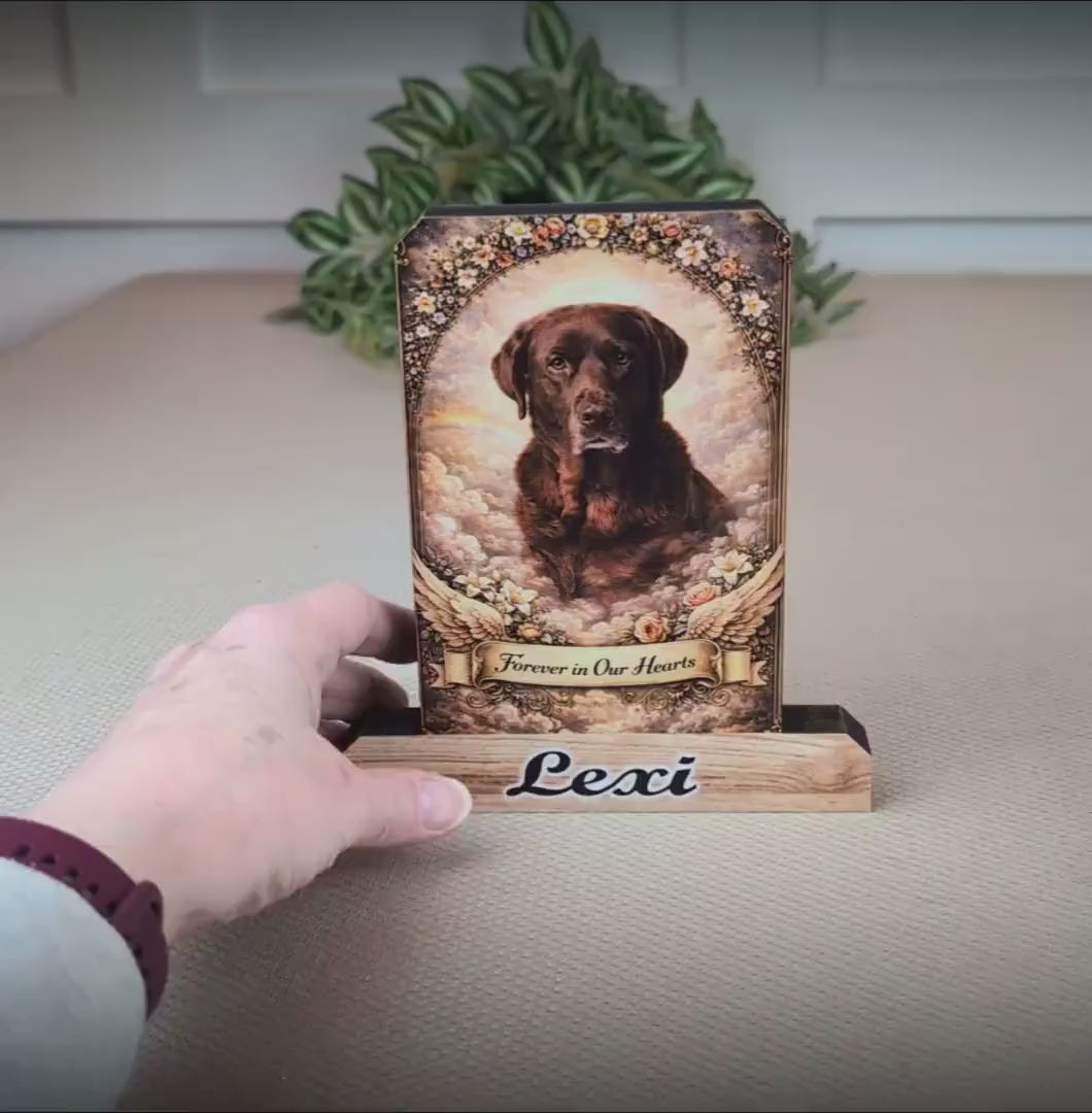 Custom Pet Memorial Photo Shelf Sitter – Personalized Name Base, Dog/Cat Mantel Decor Using Your Favorite Photo