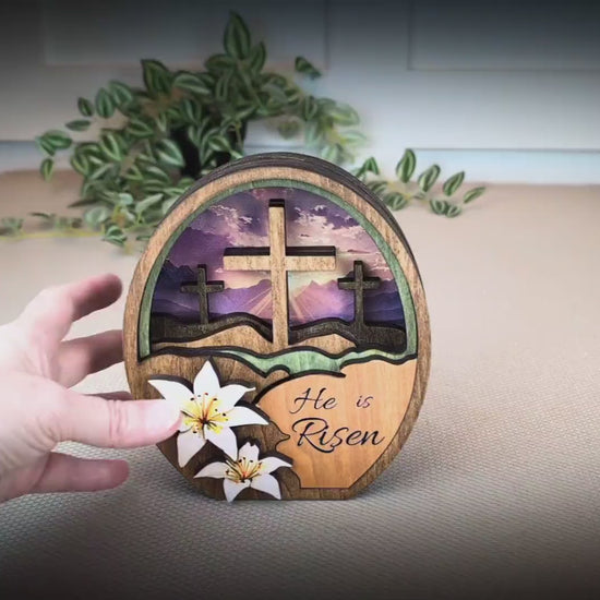 He Is Risen Easter Shelf Sitter – Multi-Layer Cross Scene with Easter Lilies, Personalized Mantel Decor